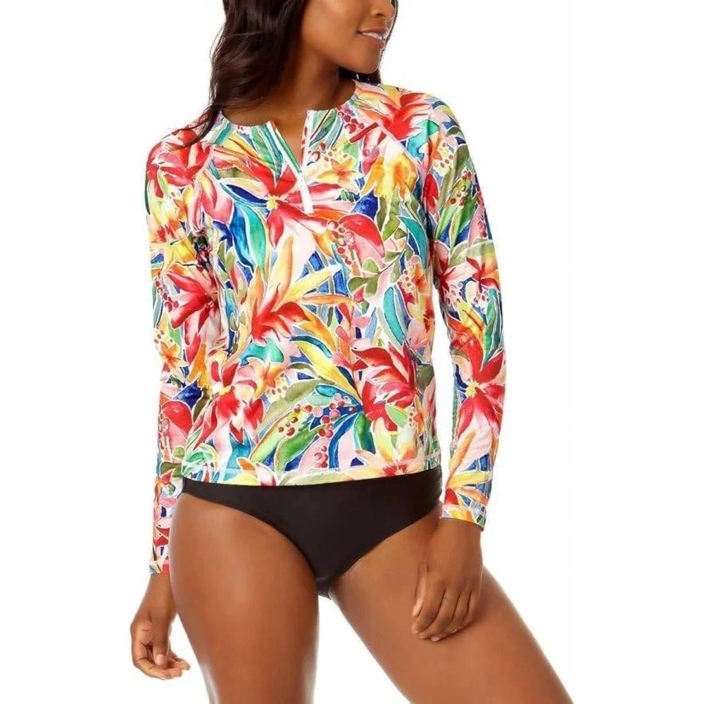 Hurley Womens Tropical Floral Rash Guard L Quarter Zip UPF 50+ Long Sleeve
